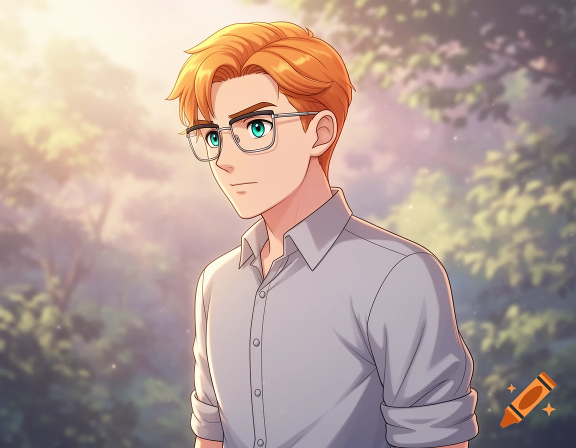 Anime man with orange hair and glasses, wearing a grey shirt, against a sunny, blurred outdoor background.