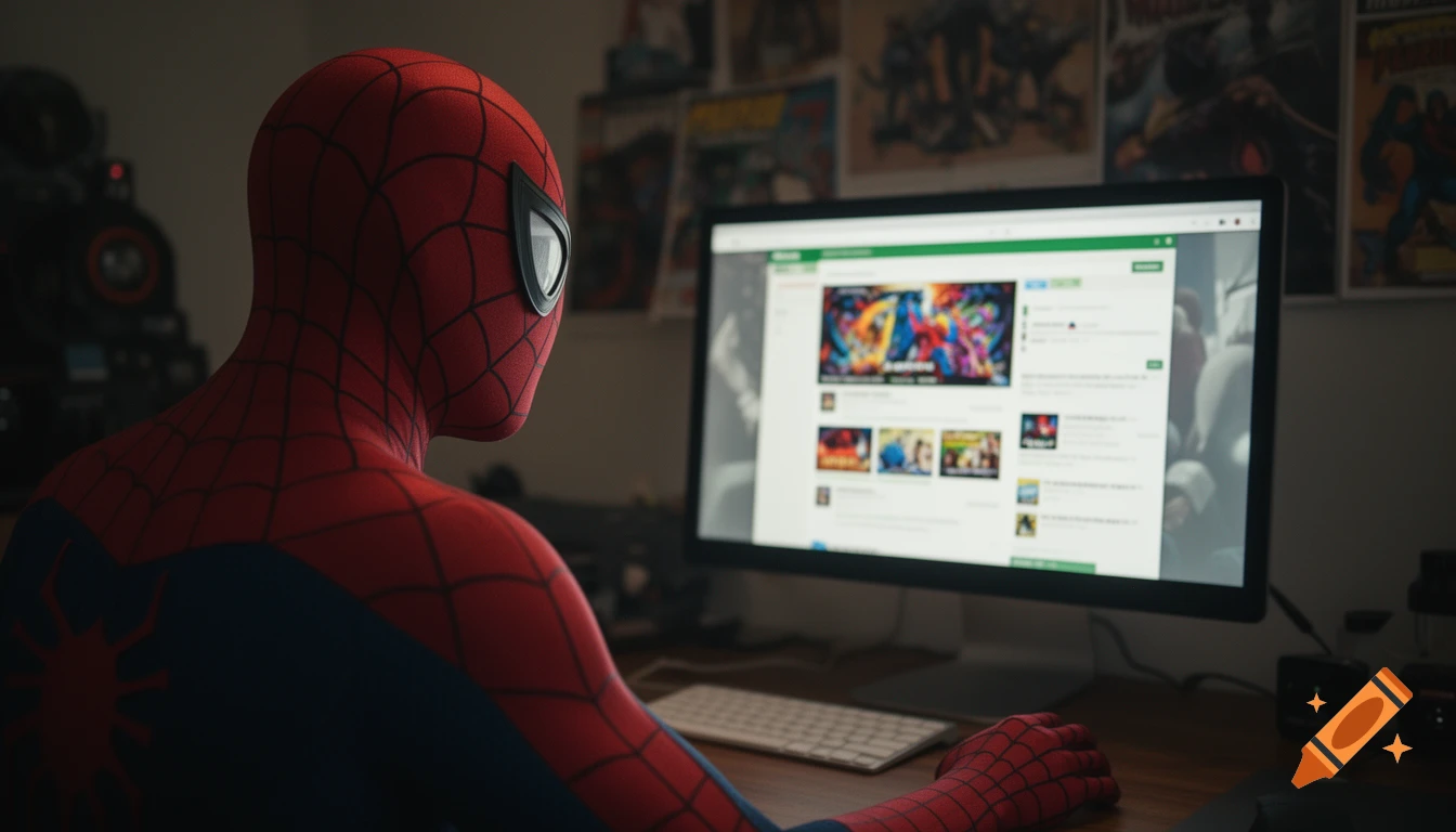 Over-the-shoulder shot of Spider-Man in his suit sitting at a desk, looking at a computer screen displaying a website with blurred content.