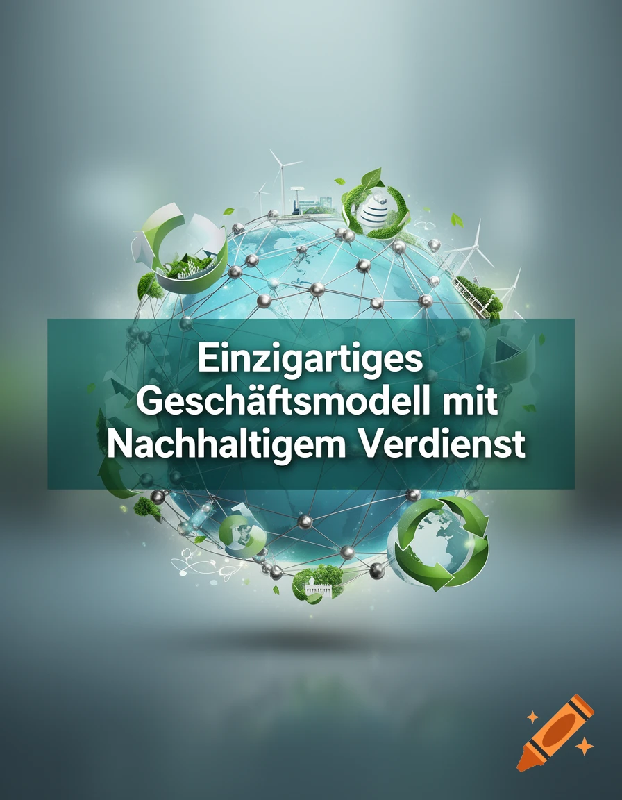 Stylized globe with connected nodes, wind turbines, and recycling symbols, featuring German text 'Einzigartiges Geschäftsmodell mit Nachhaltigem Verdienst'.
