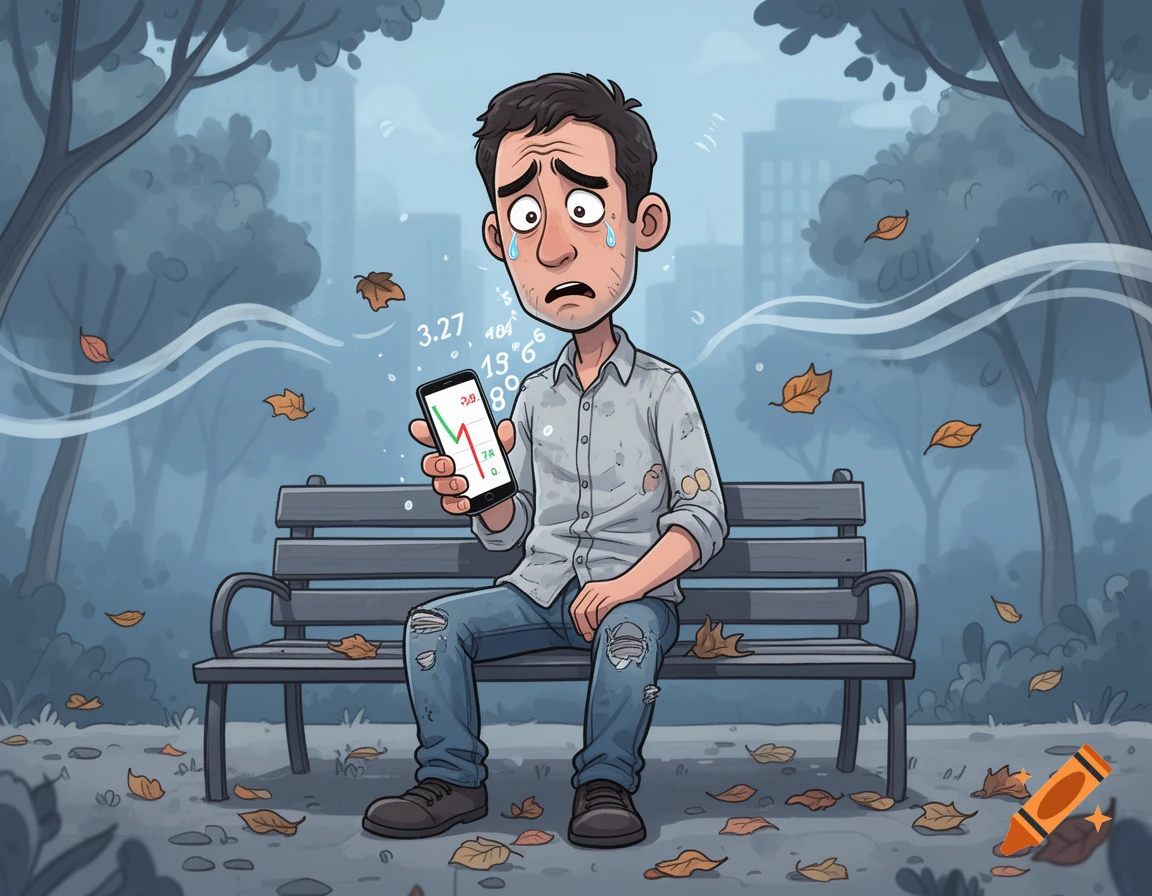 Cartoon man in ripped jeans sitting on a park bench, crying and looking distressed at a phone showing a stock market loss with numbers floating around him.