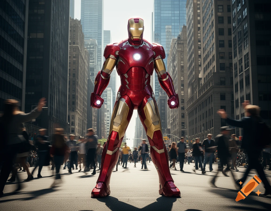 Iron Man stands in a bustling city street, surrounded by tall buildings and motion-blurred pedestrians, in a photorealistic style.