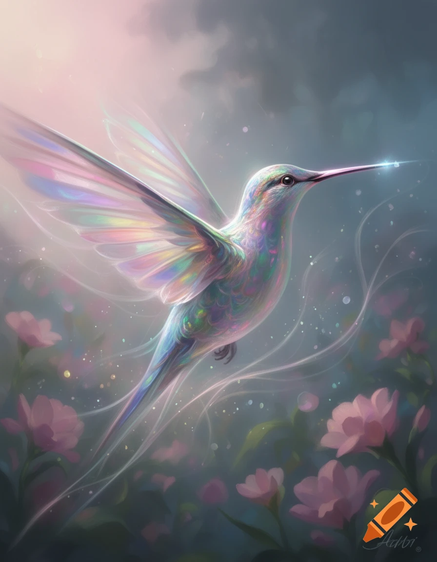 A vibrant, iridescent hummingbird with glowing, translucent wings flies among soft pink flowers in an ethereal, abstract style.