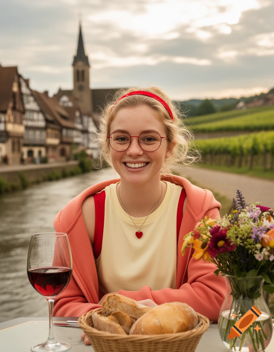 A smiling woman with glasses and a red headband sits at an outdoor table with wine, bread, and flowers, overlooking a river, half-timbered houses, a church, and vineyards.