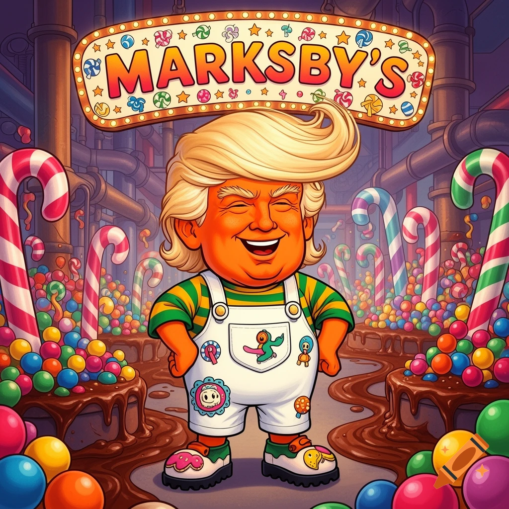 Cartoon character resembling Donald Trump as an Oompa Loompa in a vibrant candy factory with a "MARKSBY'S" sign.