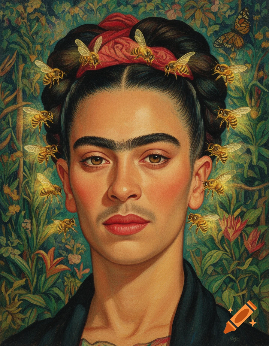 A detailed portrait painting of a person resembling Frida Kahlo with thick brows, surrounded by foliage and glowing bees in their hair.