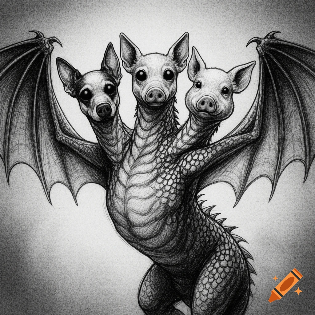 A black and white sketch of a three-headed hybrid creature with a dragon body and bat wings. The left head resembles a dog, the middle a dog/pig, and the right a pig.