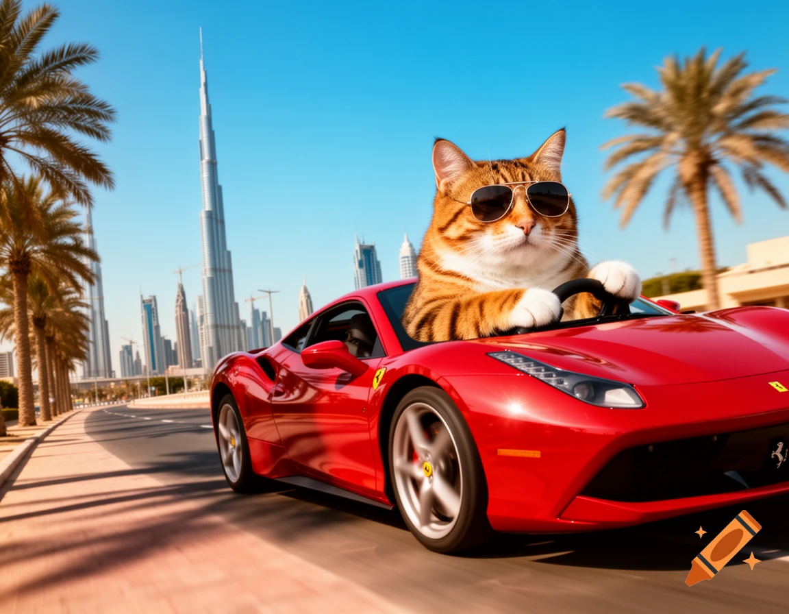 An orange tabby cat wearing aviator sunglasses drives a red Ferrari convertible down a street in Dubai, with the Burj Khalifa and palm trees in the background.