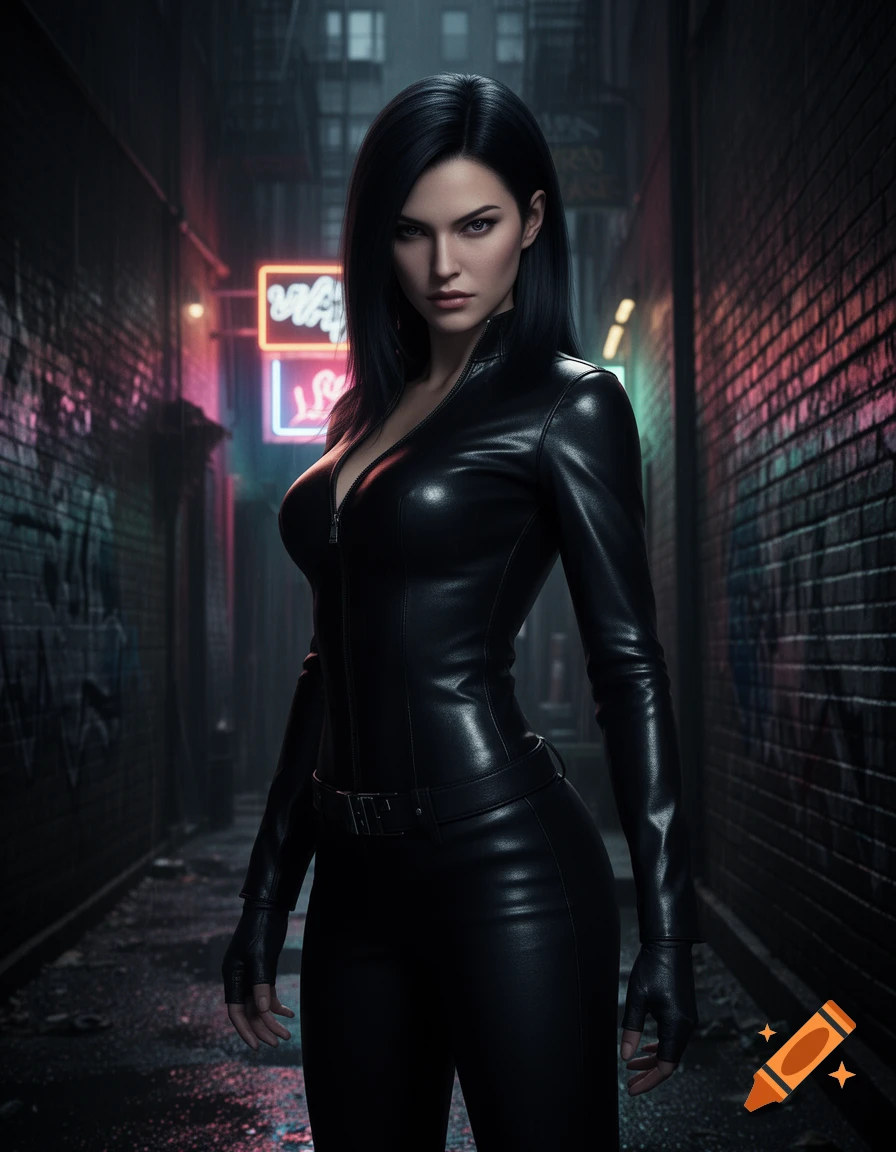 A woman in a black leather suit stands in a dark alley with neon lights, looking intensely at the viewer. Photorealistic style.