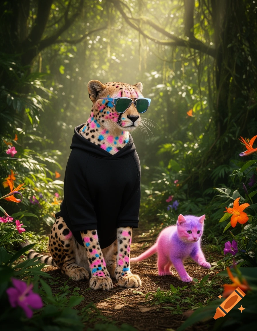A cheetah with pink and blue spots and sunglasses wears a black hoodie, sitting in a lush jungle next to a small pink and purple kitten.