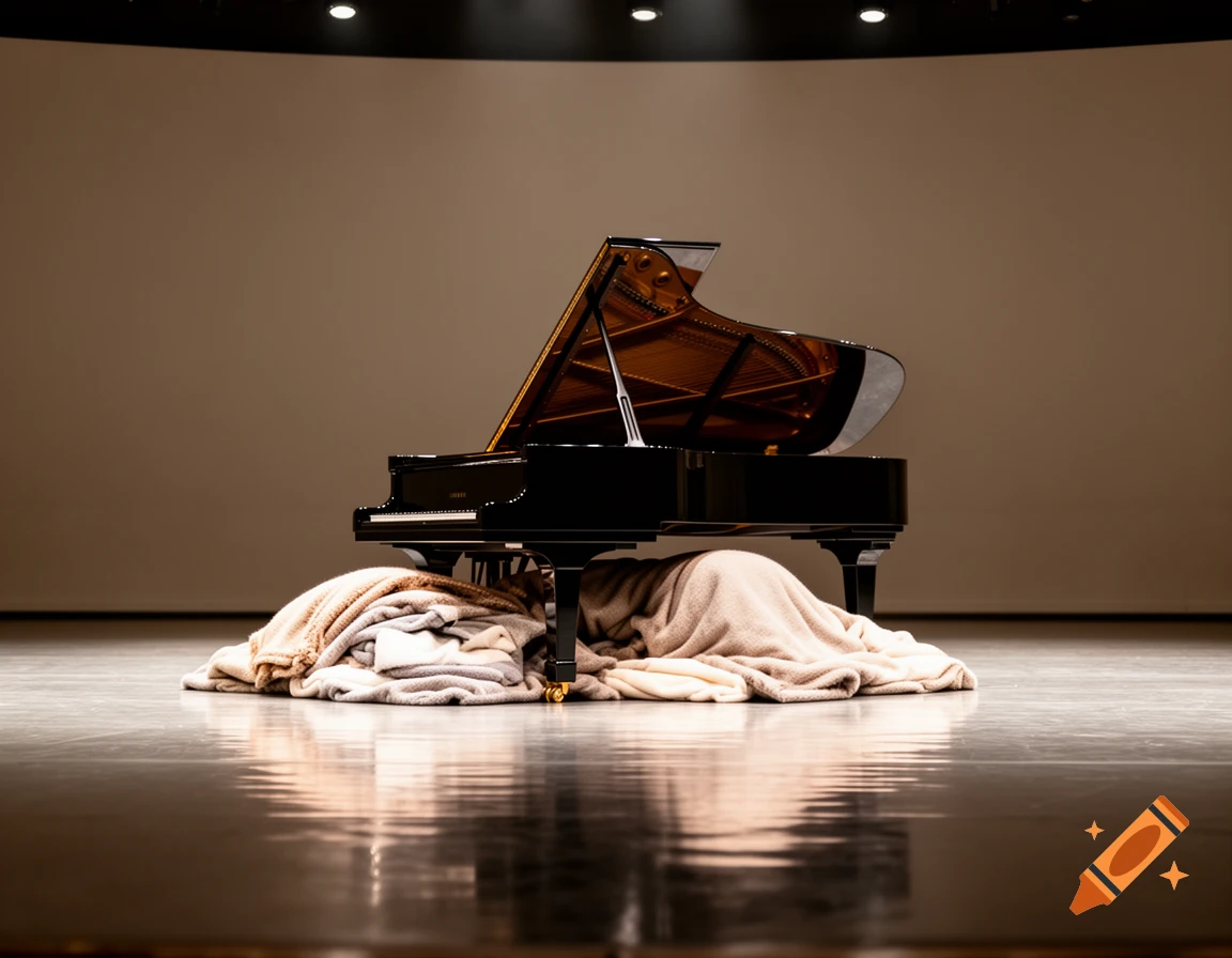 A shiny black grand piano with its lid open rests on a reflective stage floor, surrounded by crumpled light-colored blankets.