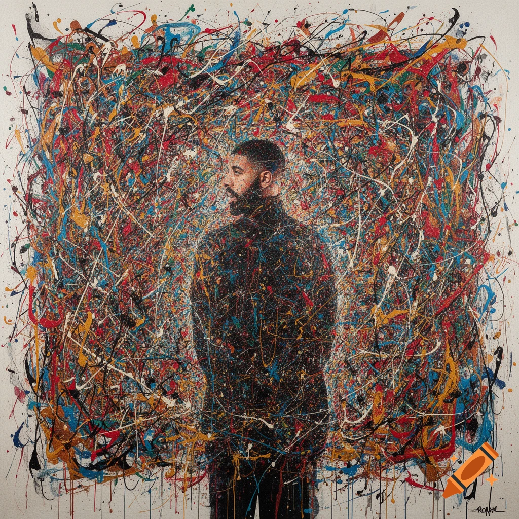 A portrait of Drake rendered in a colorful, abstract, Jackson Pollock-inspired splatter paint style.