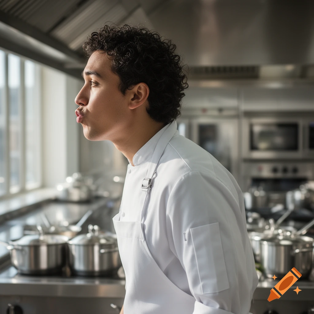 A male chef with curly hair, seen from the side, purses his lips as if blowing a kiss in a professional kitchen.