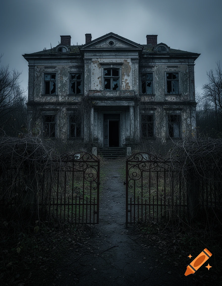An eerie, dilapidated mansion with broken windows and an open gate, surrounded by bare trees under a gloomy sky.