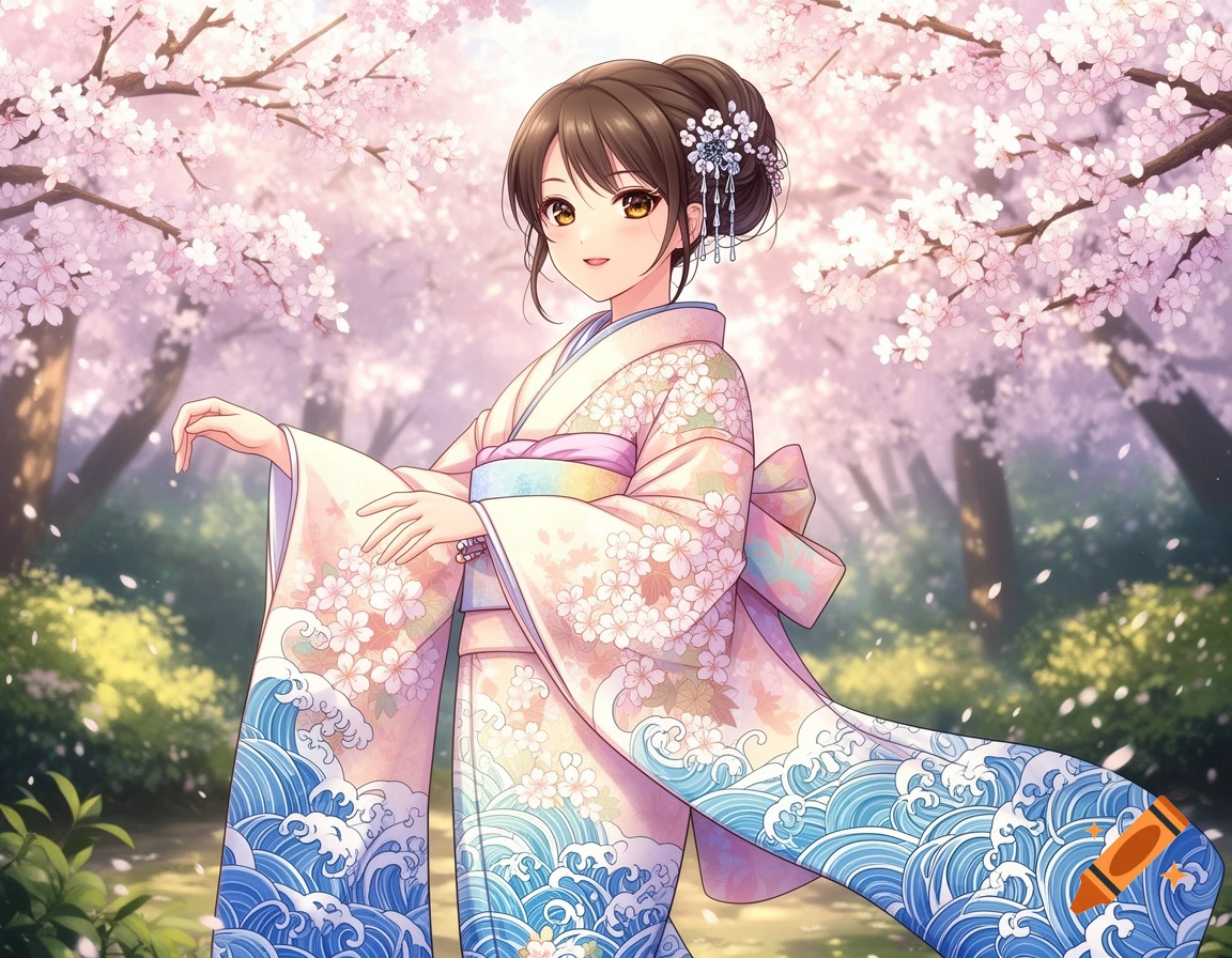 An anime-style Japanese girl in a light-colored kimono with floral and wave patterns, standing under blooming cherry blossom trees.
