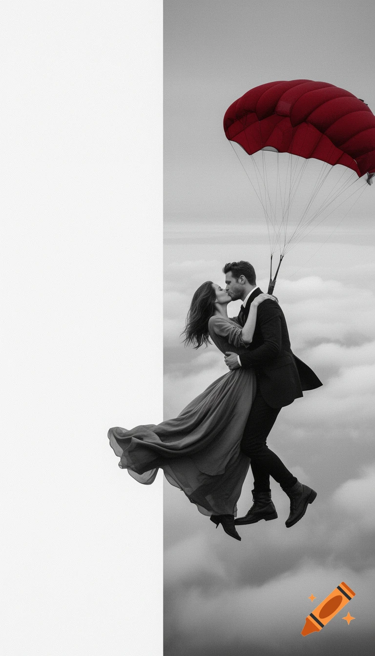 Cinematic black and white photo of a couple kissing in freefall under a vivid red parachute, high above clouds.