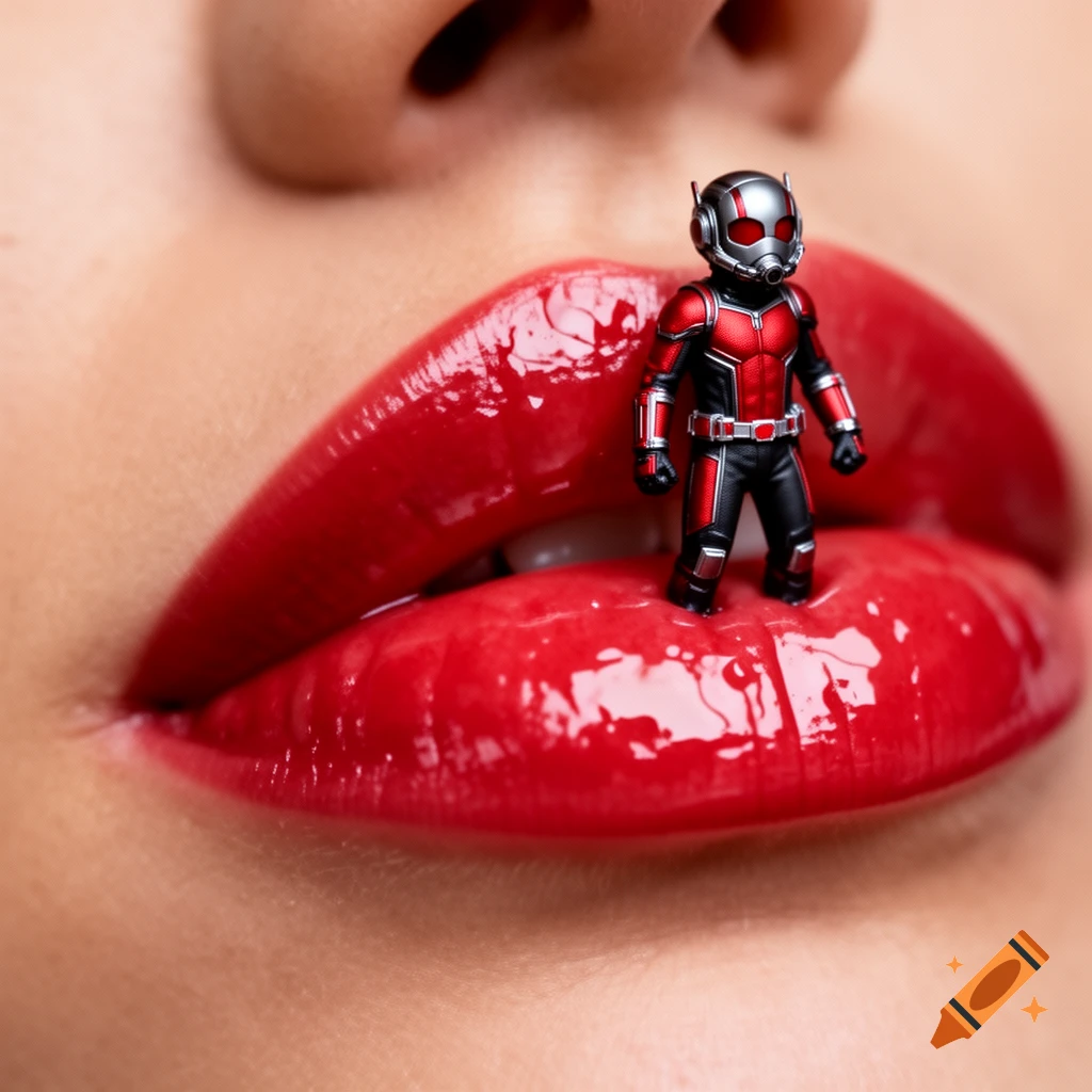 A tiny Ant-Man superhero figure stands on a woman's glossy red lips in a close-up, photorealistic shot.