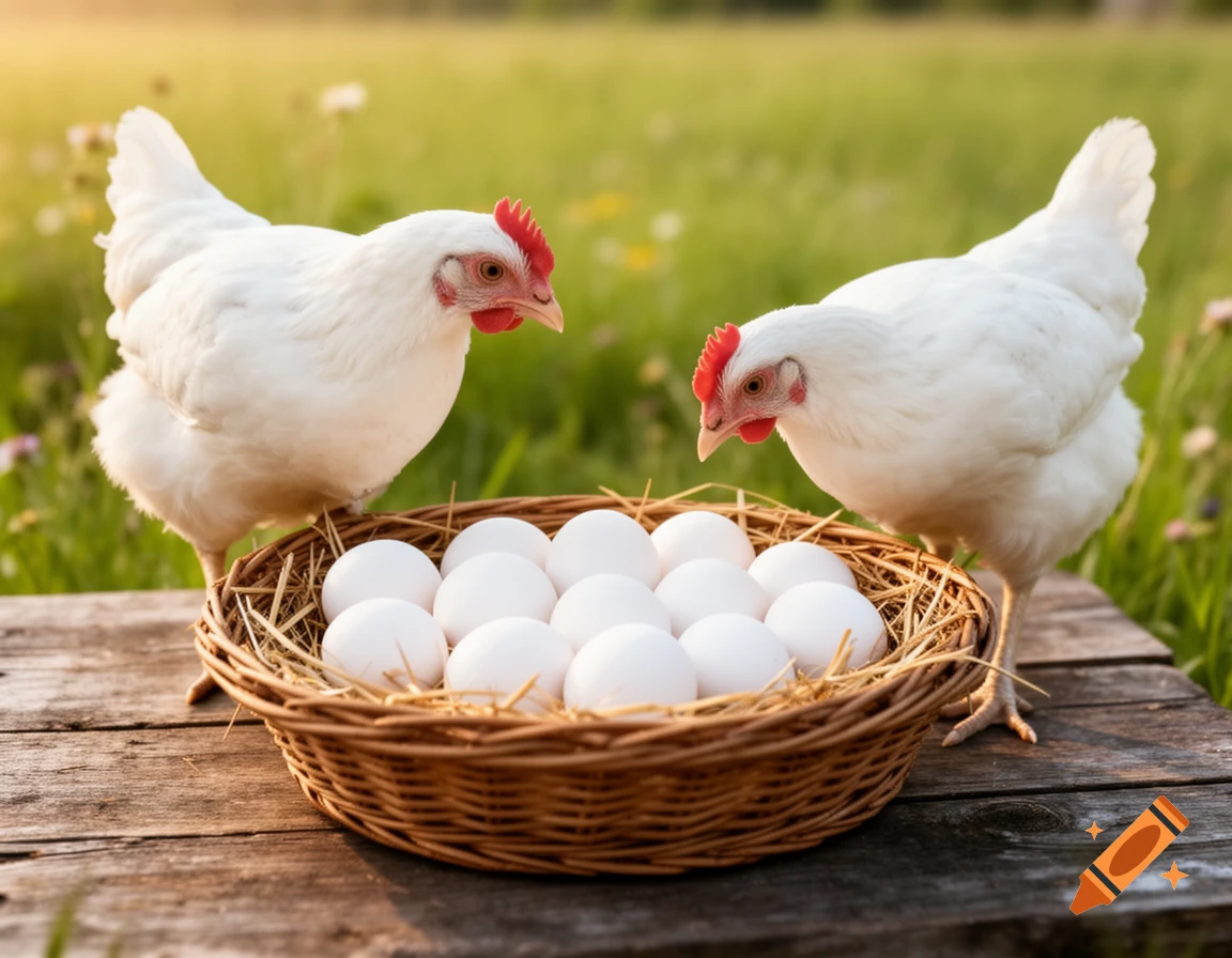 Two white chickens stand by a basket filled with white eggs on a wooden surface in a sunny green field.