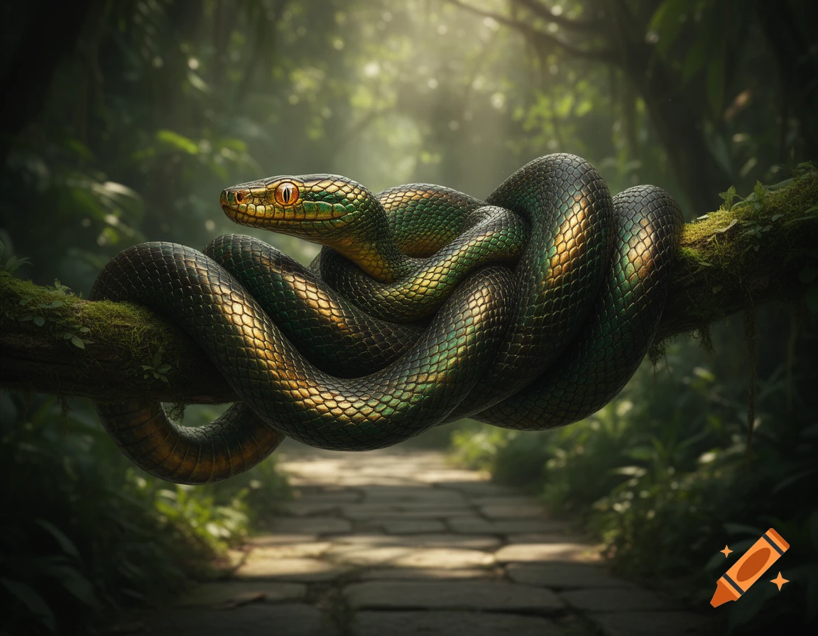 A vibrant green and gold snake coiled around a mossy branch in a sun-dappled jungle with a stone path.