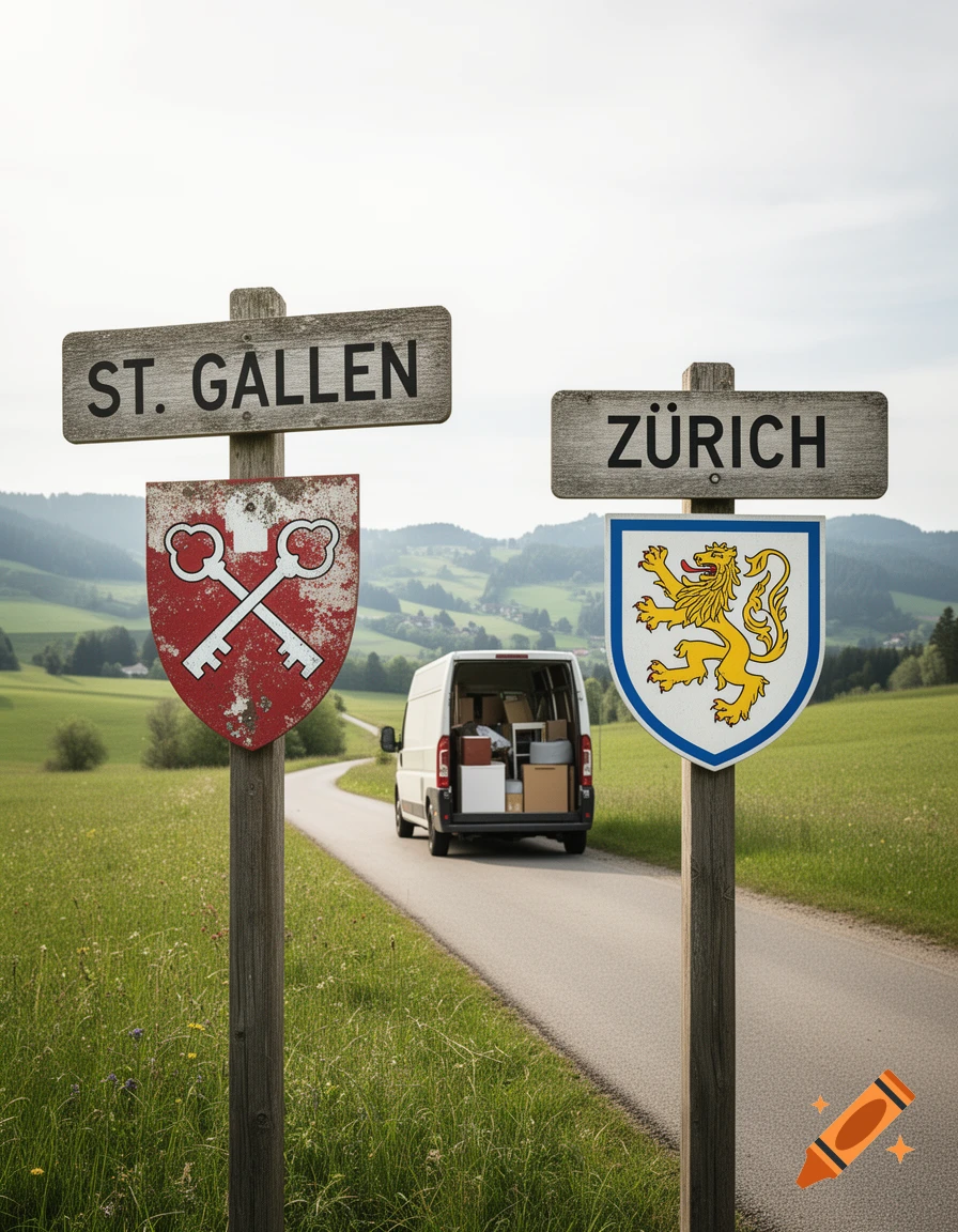 Two road signs for St. Gallen and Zürich with coats of arms, flanking a winding road with a white moving van in a green landscape.