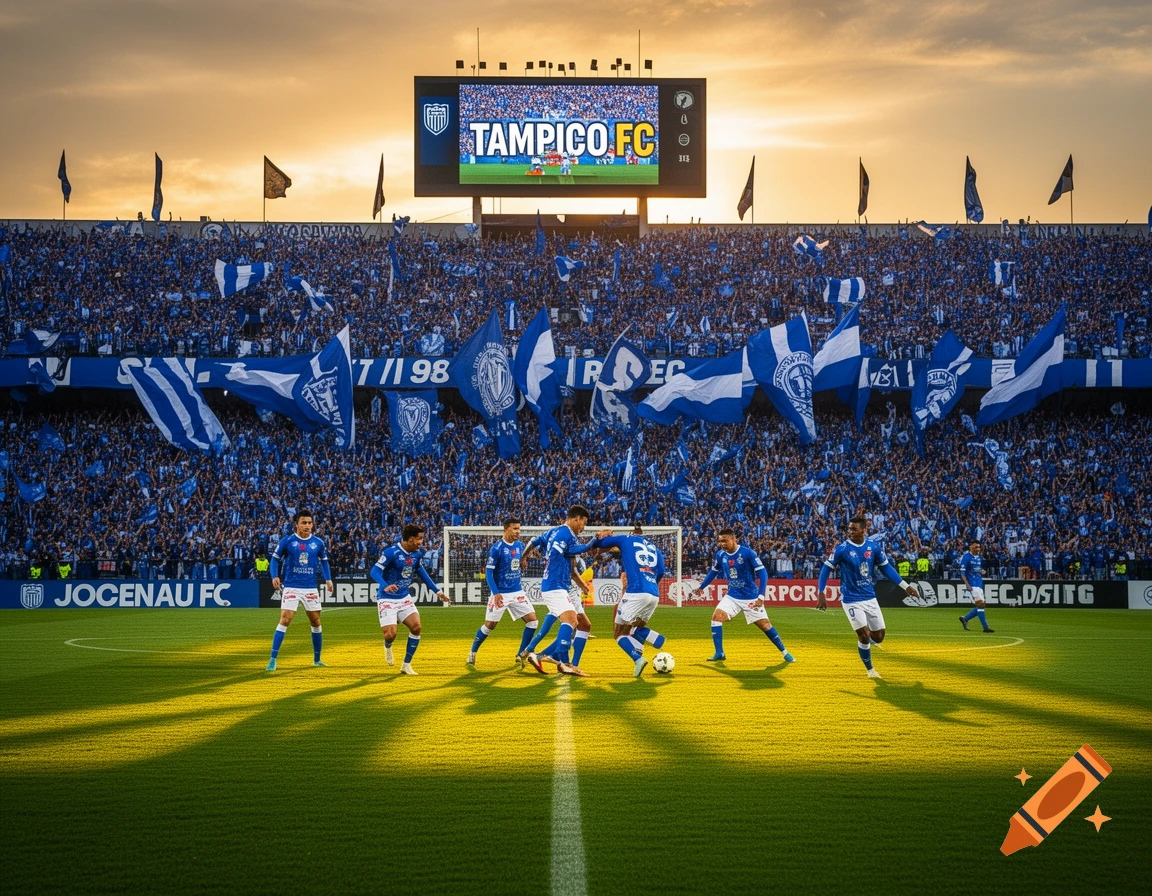 Photorealistic image of a soccer match in a packed stadium with players on the field and 'TAMPICO FC' on the scoreboard.