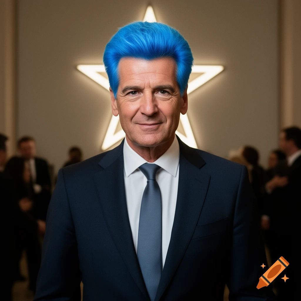 Photorealistic portrait of a smiling man with bright blue hair, wearing a dark suit, white shirt, and tie, in front of a glowing star.