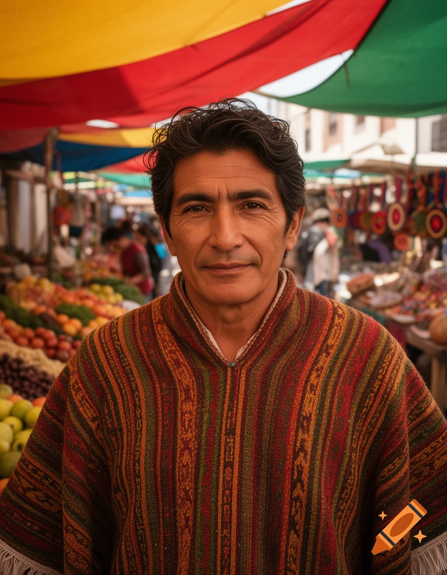 A man in a vibrant patterned poncho stands in a colorful outdoor market, looking at the camera. Photorealistic.