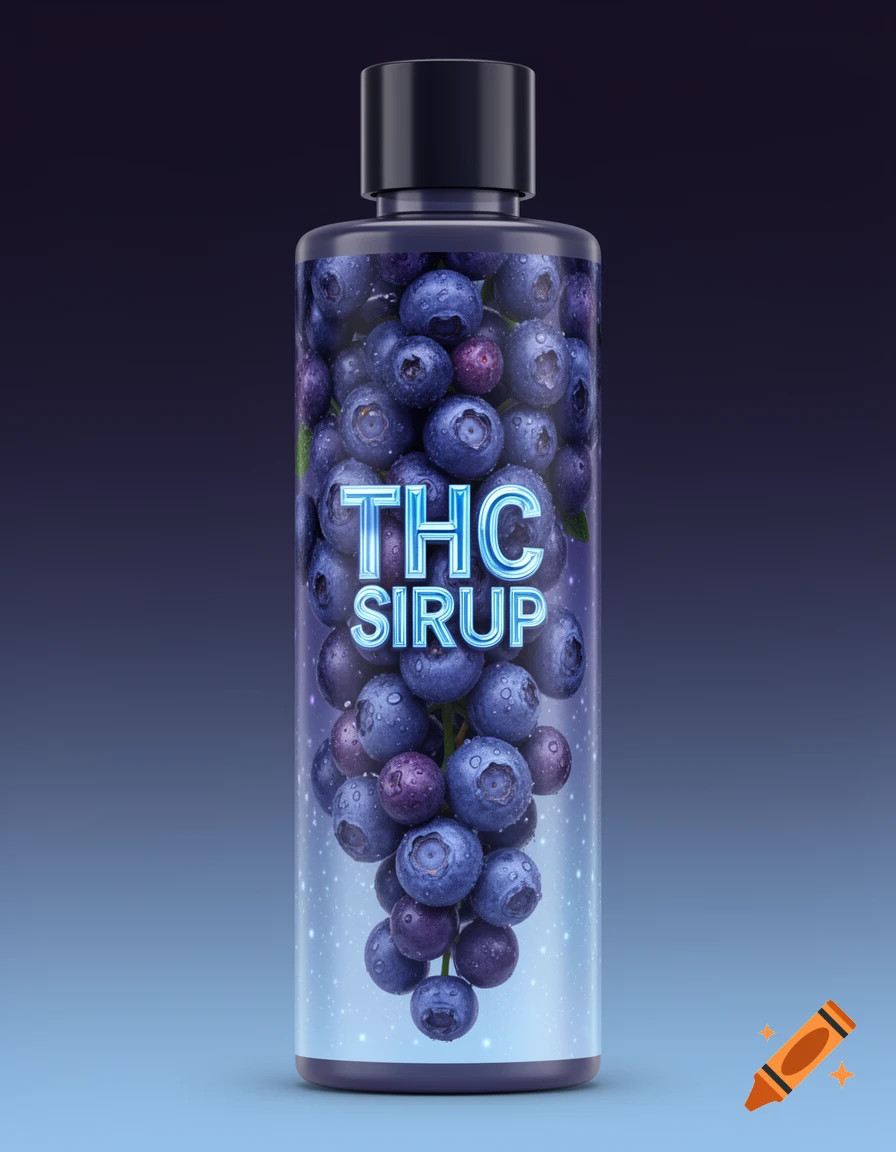 A photorealistic image of a bottle labeled "THC SIRUP" with a blueberry design and water droplets.