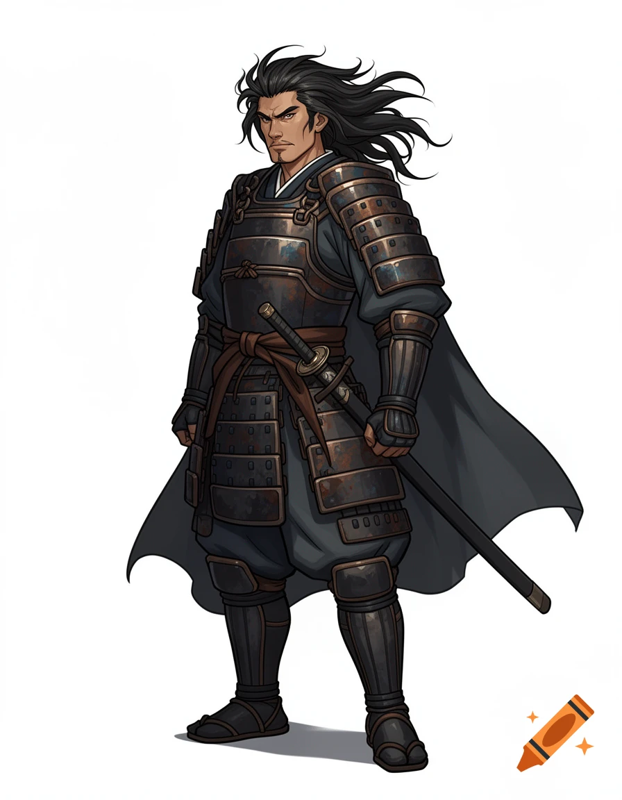 Stylized cartoon art of a strong dark-haired ronin in samurai armor and cape, posed 3/4 right against a white background.