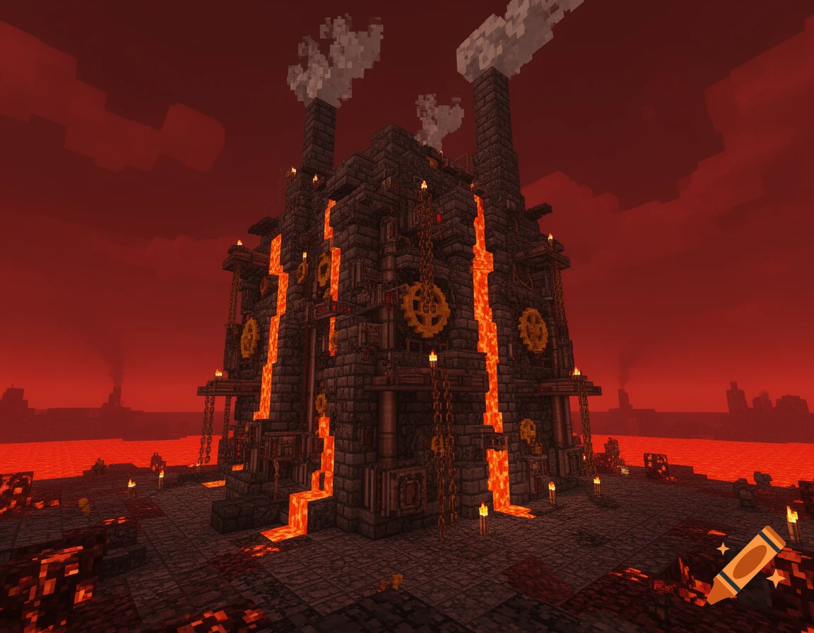 A Minecraft dieselpunk factory with lava flowing down its dark stone walls and smoking chimneys under a fiery red Nether sky.