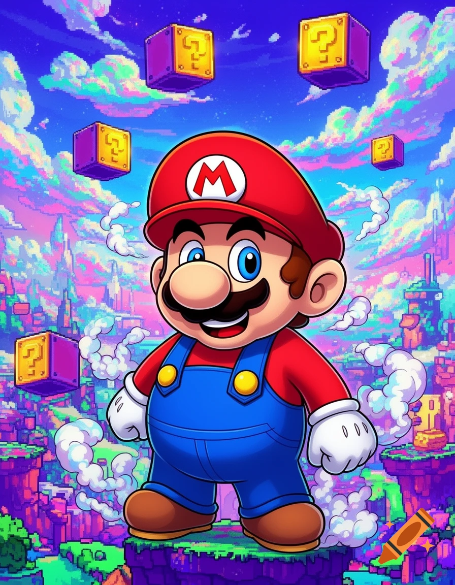 Mario stands on a platform in a vibrant, pixelated landscape with floating question mark blocks and colorful clouds.