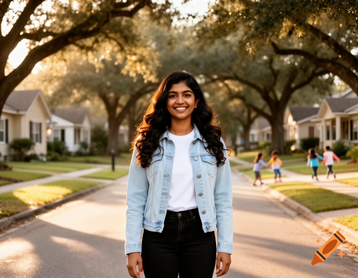 Smiling young Indian woman in a denim jacket stands in a sunny residential street with trees and children playing.