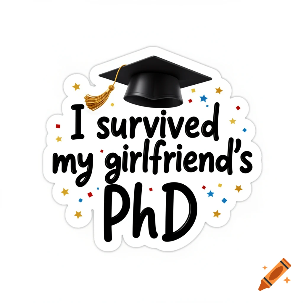 A white sticker featuring a graduation cap above the text 'I survived my girlfriend's PhD' in black bold font with colorful confetti.