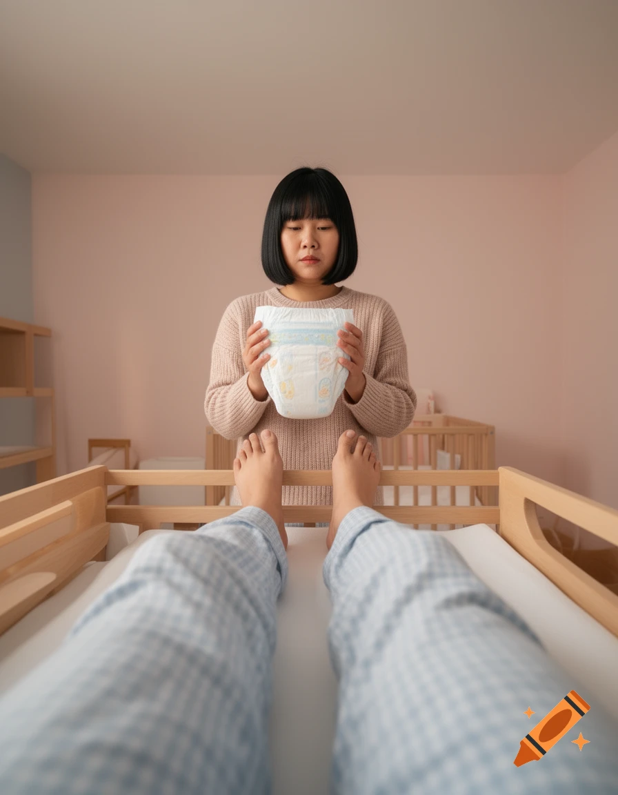 A woman with a black bob holds a large diaper while looking down at a person's legs on a giant changing table.