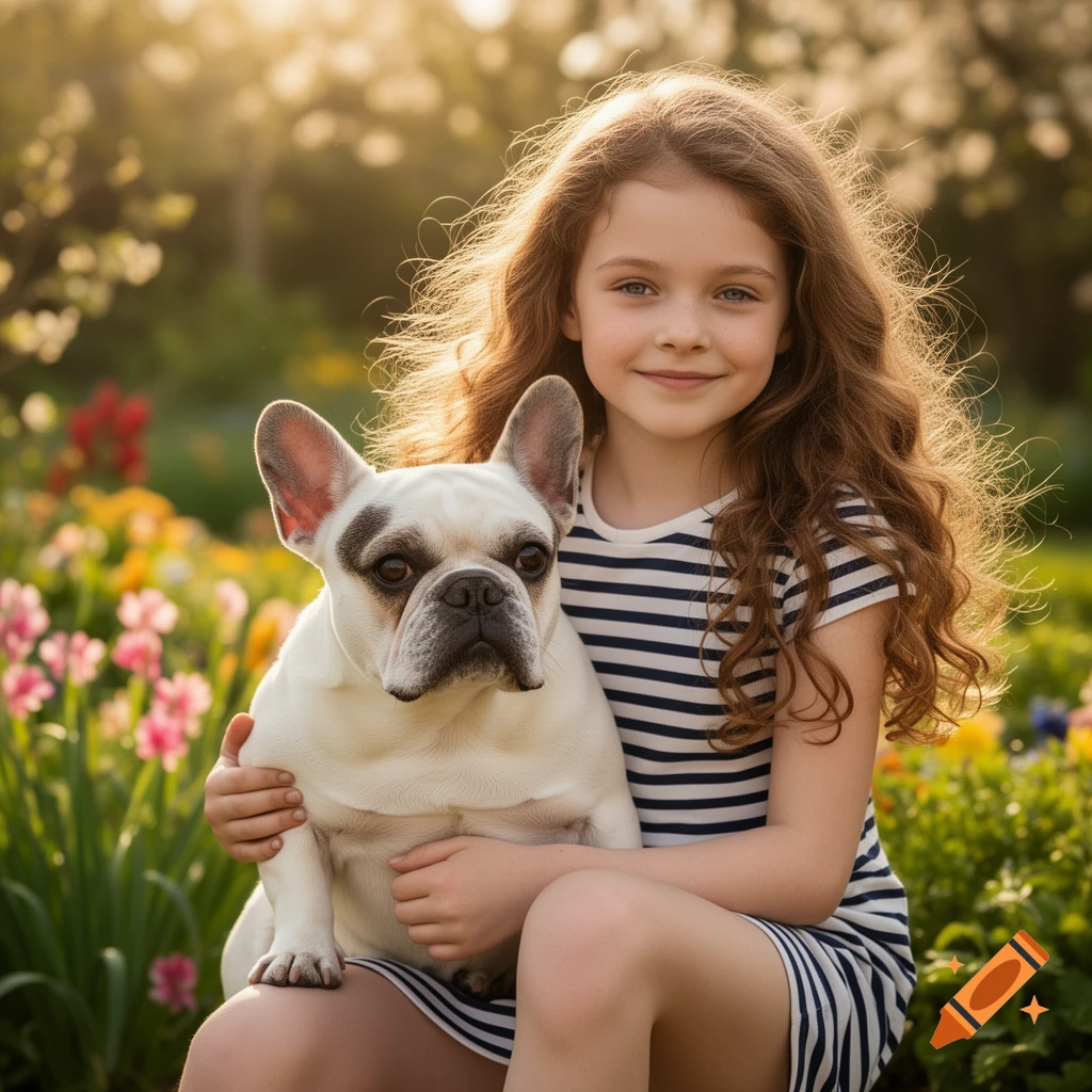 Smiling young girl with long brown hair holding a white French bulldog in a sunny garden with colorful flowers.