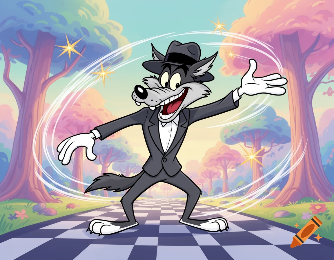 A cartoon wolf in a suit and fedora stands on a checkered path in a colorful, whimsical forest, smiling with arms outstretched.