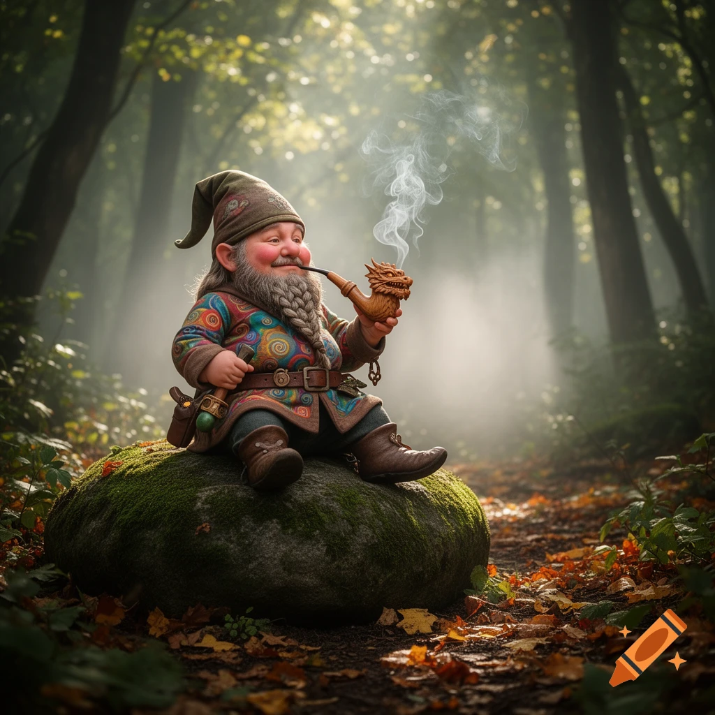 A smiling gnome with a long braided beard and a colorful tunic sits on a mossy rock in a misty forest, smoking a dragon-headed pipe.