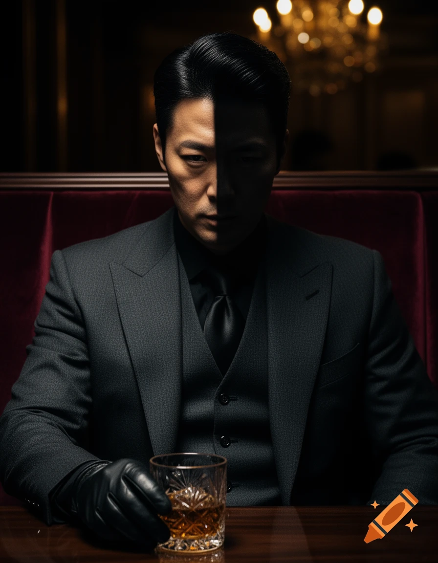 A powerful Korean man in a suit and leather glove sits in a dimly lit booth, holding a crystal whiskey glass, in a cinematic noir style.