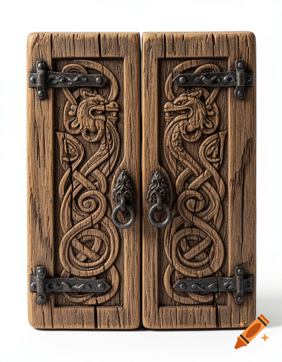 Close-up of a weathered wooden double door with intricate Viking dragon and Celtic knot carvings on a white background.