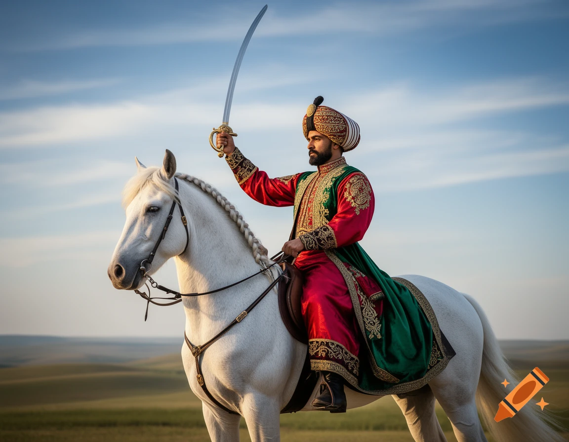 A man in ornate Ottoman-era attire on a white horse holds a sword aloft in a grassy field under a clear sky.