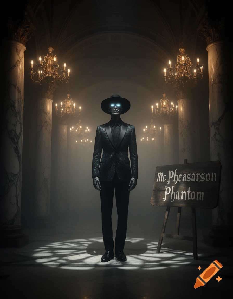 A phantom in a dark suit, hat, and glowing blue eyes stands in a misty, chandelier-lit grand hall next to a sign.
