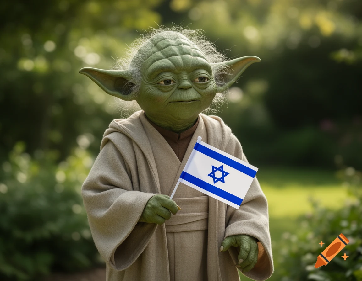 Yoda from Star Wars holds a small Israeli flag in a soft-focus outdoor setting.