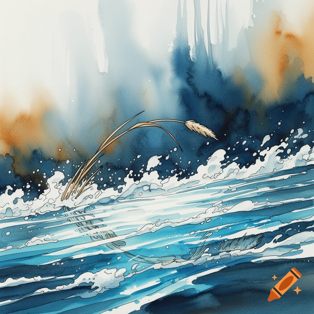 Watercolor illustration of a single reed bending into choppy blue water with white foam, under a sky bleeding shades of blue and brown.