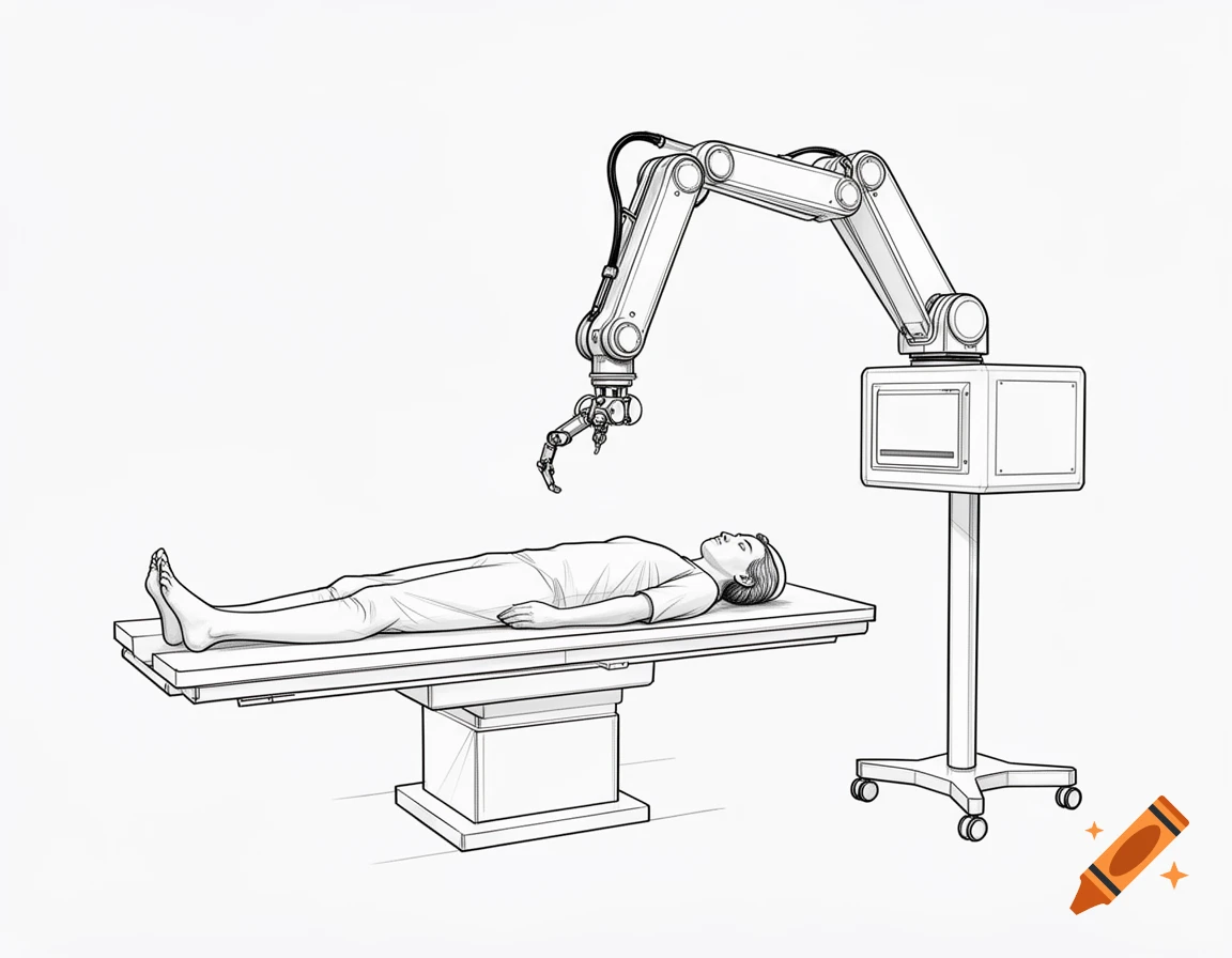 Black and white line drawing of a robotic arm hovering over a patient on a surgical table.