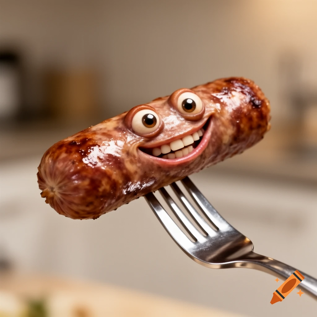 A photorealistic grilled sausage with large cartoon eyes and a wide, toothy smile, impaled on a fork, against a blurred kitchen background.