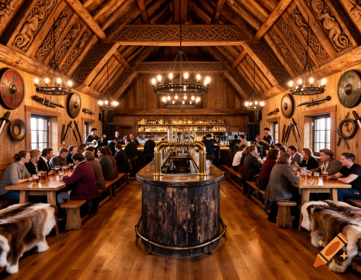 A grand wooden Viking hall converted into a bar, filled with people socializing at tables and a central bar.