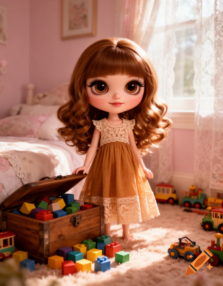 A photorealistic Blythe doll with long brown hair and big eyes, wearing a brown lace dress, stands by an open toy chest full of colorful blocks in a sunlit child's room.