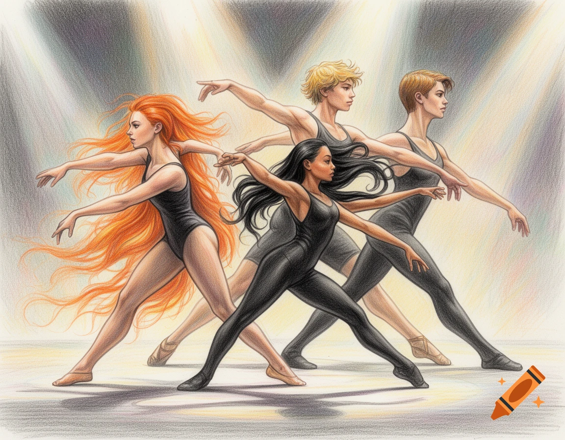 A detailed drawing of four modern dancers, two women with long hair and two men, performing a synchronized pose under spotlights.