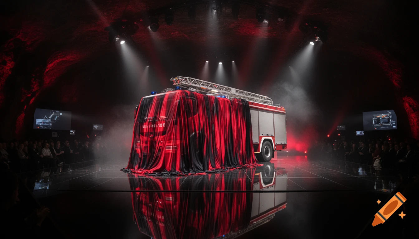 A red and black draped fire truck is dramatically unveiled on a reflective stage with spotlights and red accent lighting in a dark hall.