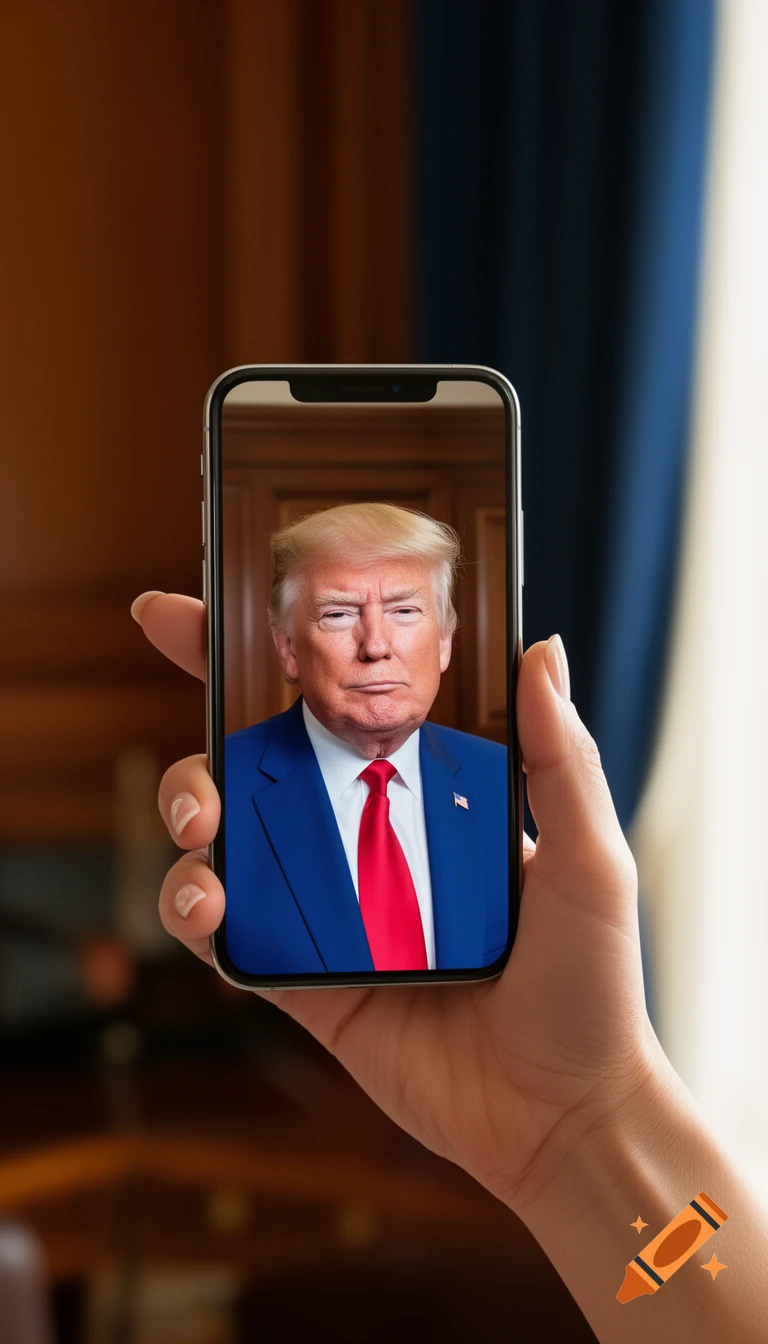 A hand holds a smartphone displaying a photorealistic image of Donald Trump in a blue suit and red tie.