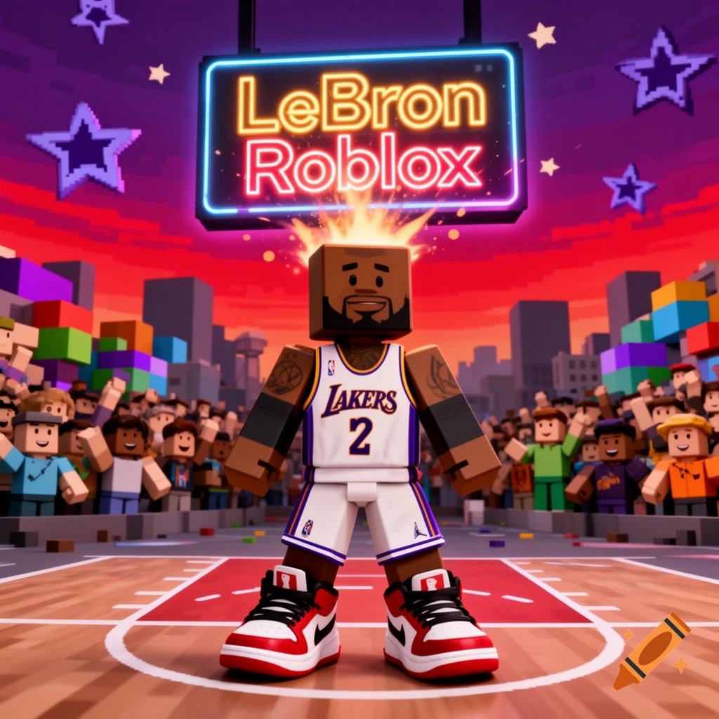 A blocky LeBron James Roblox avatar in a Lakers jersey on a basketball court, with a neon 'LeBron Roblox' sign.